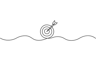 Arrow and target continuous one line drawing. Vector illustration isolated, Target with arrow single line art, continuous one line drawing of  Isolated outline vector icon.