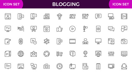 Blogging banner with icons. Post, social media, community, content, website, sharing, create, opinion. Business concept. Web vector infographic in outline icon style.