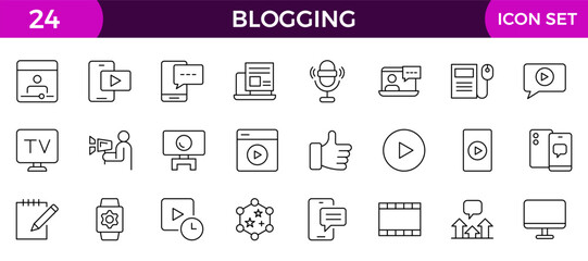 Blogging banner with icons. Post, social media, community, content, website, sharing, create, opinion. Business concept. Web vector infographic in outline icon style.
