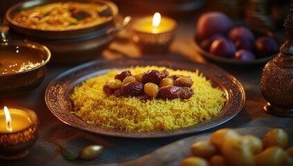 Aromatic yellow rice dish with dates and nuts, surrounded by traditional servingware