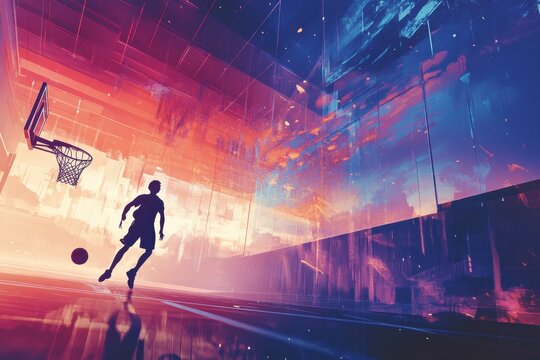 Dynamic basketball player dribbling in a vibrant digital court with striking visual effects at sunset