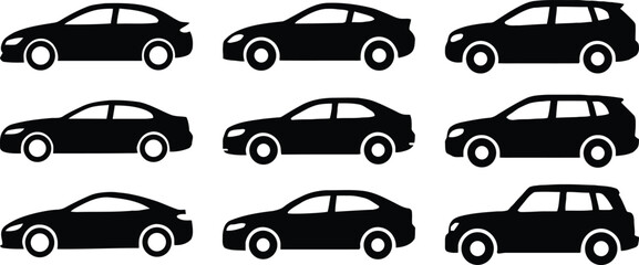 Modern sedan and hatchback car silhouette collection. Simple black vector cars for automotive designs and illustrations.