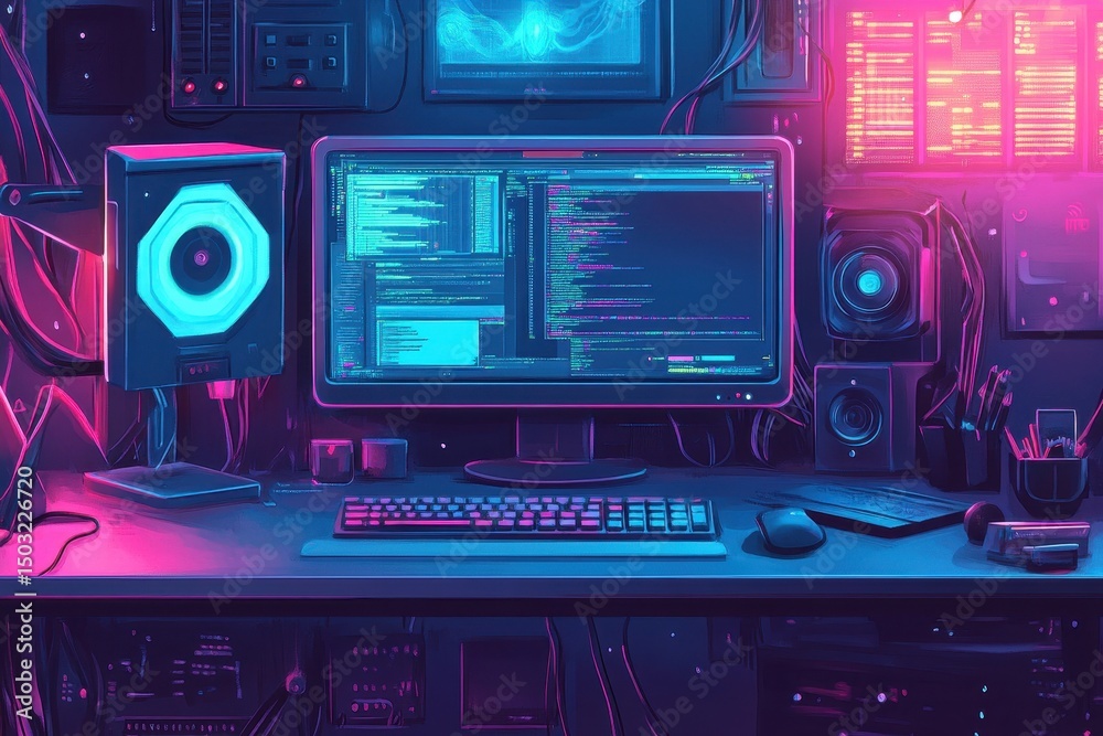 Poster digital workspace filled with vibrant tech elements showcasing coding, computer hardware, and an imm