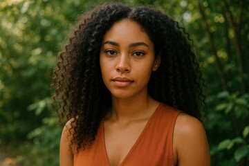 Portrait of an African American Woman with Curly Hair Looking at Camera