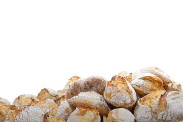 Freshly baked croissants with golden, flaky layers placed on a baking tray, isolated on a transparent background for commercial food use

