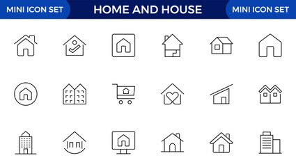 Home and house line icon collection. Real estate, building, key, smart home, family, home loan, rent house and management icon set. UI outline icons pack