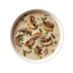 Creamy mushroom soup in a white bowl, garnished with fresh parsley.  Top view.