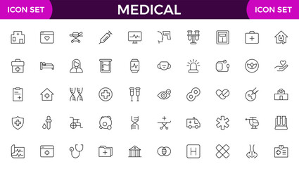 Set of Medical web icons in line style. Medicine and Health Care, RX. Medicine, check up, doctor, dentistry, pharmacy, lab, scientific discovery, collection.