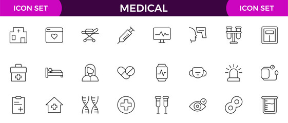 Set of Medical web icons in line style. Medicine and Health Care, RX. Medicine, check up, doctor, dentistry, pharmacy, lab, scientific discovery, collection.