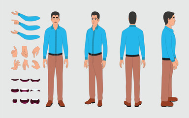 Professional Male Cartoon Character in Shirt and Trousers Turnaround Sheet for 2D Vector Animation, Front, Back And Side Views,