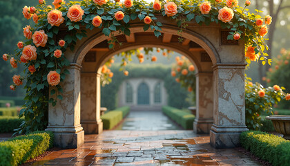 Lush marble pergola adorned with golden-apricot &ldquo;Honey Dijon&rdquo; roses and glistening droplets, set against a serene garden backdrop, natural beauty concept