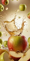 Apples With Juice Splash, Close-Up of Red and Green Fruit, and Flying Apple Pieces