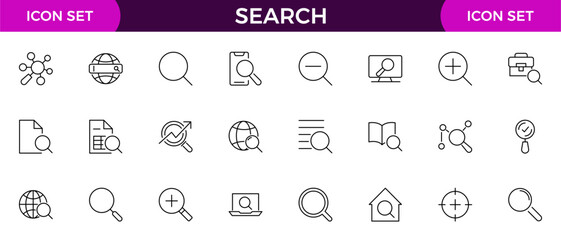 Search line icon collection. Zoom, binoculars, find document, magnify glass, web, browse, digital marketing, data analysis and Artificial Intelligence icon set.