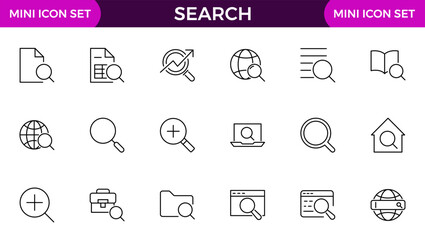 Search line icon collection. Zoom, binoculars, find document, magnify glass, web, browse, digital marketing, data analysis and Artificial Intelligence icon set.