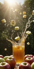 Apple Juice with Ice and Sliced Fruits in Motion with Splashing on Sunny Backdrop