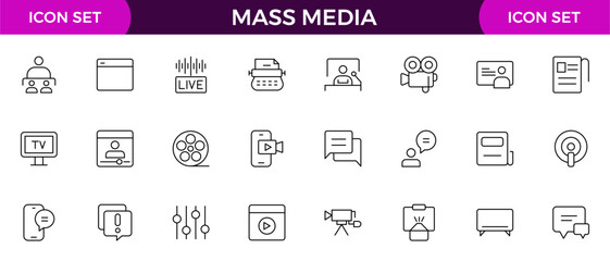 Mass media outline vector icons large set isolated on white background. media business concept. Media outline icons set.