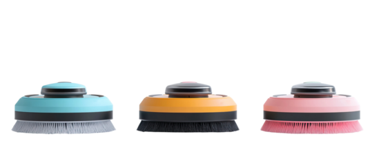 Smart cleaning robots with round shapes, brushes, and digital interface