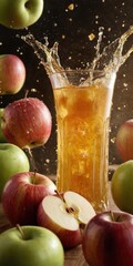Apple Juice Splashing in Glass with Fresh Red and Green Apples Around