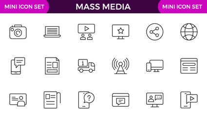 Mass media outline vector icons large set isolated on white background. media business concept. Media outline icons set.