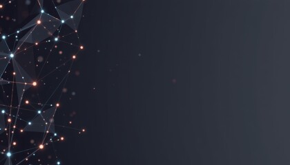 abstract polygonal space low poly dark background with connecting dots and lines, subject positioned on the left side, leaving ample copy space on the right for photos.