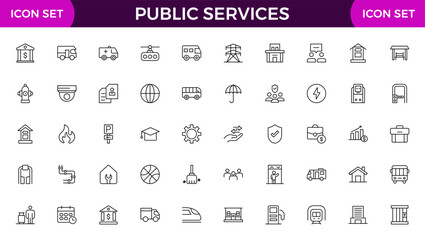 Set of outline Public Services icons. Minimalist thin linear web icon set. Line icons related to public utilities. Gas, electricity, water, heating.