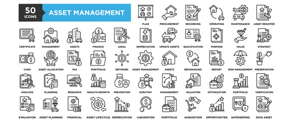 50 Asset Management icon set. Containing design finance, business, management, money, investment, asset	