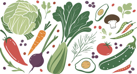 Watercolor Vegetables Set | a watercolor-style vector illustration of a variety of fresh vegetables arranged on a white background. Include colorful, hand-painted representations of vegetables.