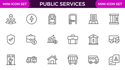 Set of outline Public Services icons. Minimalist thin linear web icon set. Line icons related to public utilities. Gas, electricity, water, heating.