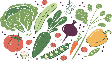 Watercolor Vegetables Set | a watercolor-style vector illustration of a variety of fresh vegetables arranged on a white background. Include colorful, hand-painted representations of vegetables.