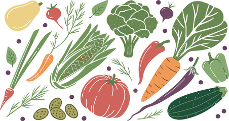 Watercolor Vegetables Set | a watercolor-style vector illustration of a variety of fresh vegetables arranged on a white background. Include colorful, hand-painted representations of vegetables.