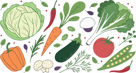 Watercolor Vegetables Set | a watercolor-style vector illustration of a variety of fresh vegetables arranged on a white background. Include colorful, hand-painted representations of vegetables.