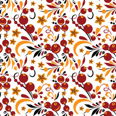 Russian old style ornament Hohloma in gold and red colors seamless pattern. Vector Floral slavic traditional decoration motive. For cards, fabric, textiles, clothing, packaging.