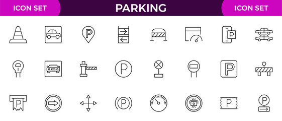 Parking line icon collection. Garage, paid parking, lift, automobile and car parking icon set.