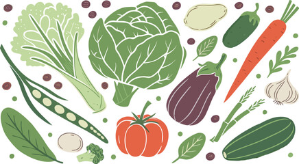Watercolor Vegetables Set | a watercolor-style vector illustration of a variety of fresh vegetables arranged on a white background. Include colorful, hand-painted representations of vegetables.