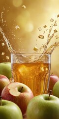 Glass of Apple Juice with Splash and Apple Pieces Surrounded by Apples