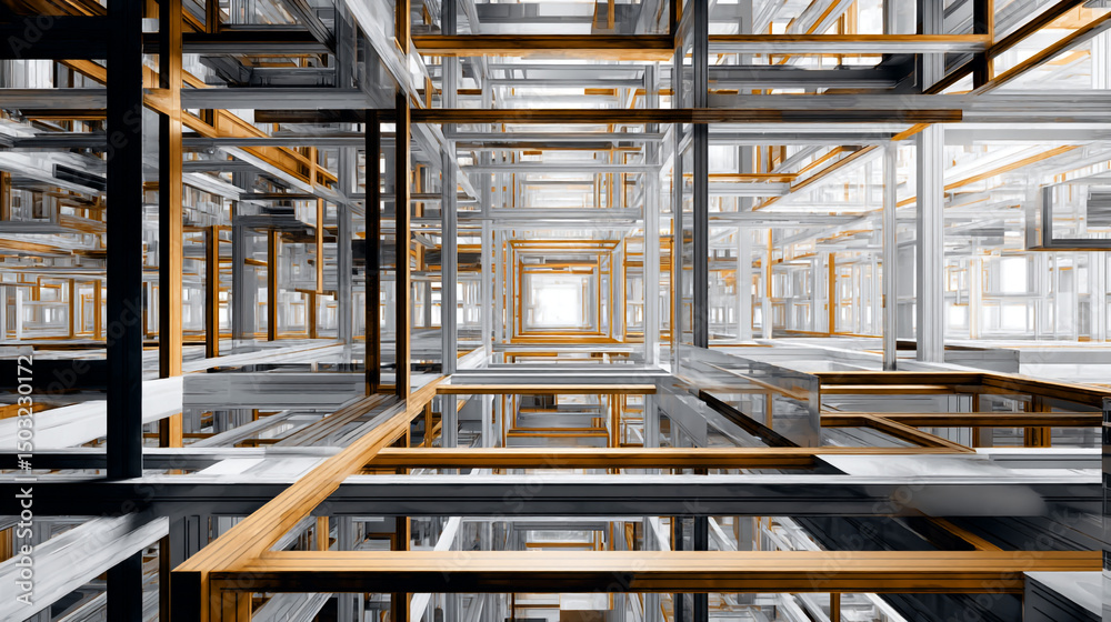 Poster perspective view of a structure made of white and gold rectangular frames receding into the distance