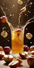 Apple juice splashes from a faceted glass with ice and fruit pieces