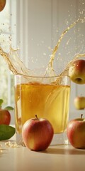 Apple juice splashing in a glass with whole apples on a bright surface