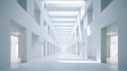 Obraz premium A long white hallway with repeating archways and bright light at the end of the structure view