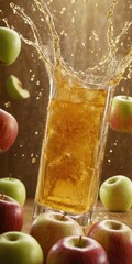 Refreshing apple juice splashing from a square glass surrounded by red and green apples