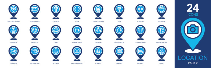 Locations Icons set vector illustration. Containing placeholder, maps and location, navigation, pin, gps and more. Simple solid icons collection.