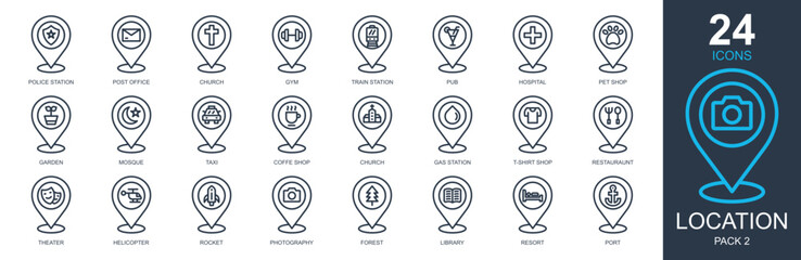 Locations Icons set vector illustration. Containing placeholder, maps and location, navigation, pin, gps and more. Simple outline icons collection.