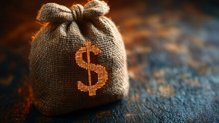 A glowing digital money bag icon placed over a stream of binary code, representing secure online savings and trusted digital wallet deposits. The futuristic aesthetic highlights themes of financial te