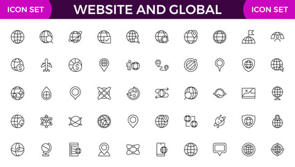 Website and global line icon collection. World Map, connections, global, business, network, navigation and globe icon set.