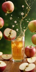 Refreshing apple juice splash with floating fruit and ice cubes on a table outdoors