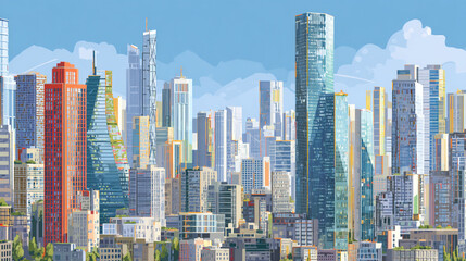 Obraz premium A cityscape illustration with various skyscrapers under a slightly cloudy blue sky in daytime