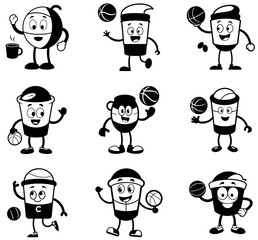 Fototapeta premium Black and White Coffee Cup Characters Playing Basketball – Fun Beverage Mascot Set