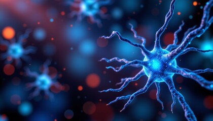 conceptual illustration of glowing blue green neuron cells with link knots on the right side, with focus effect, copy space on the left.