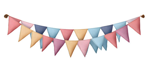 Naklejka premium Multicolor bunting party decoration isolated in transparent background perfect for birthday party, marriage anniversary, valentines day and new year celebrations.