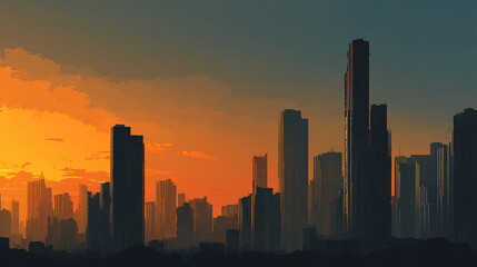 Naklejka premium Silhouette of city skyline against a vibrant orange and blue sunset sky with clouds and buildings
